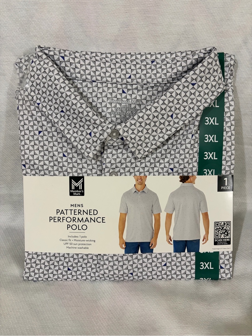 Member’s Mark Men’s 3XL Patterned Performance Polo Gray Blue NWT UPF 50